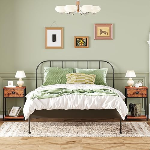 Miniatura 2 de Furologee Juego de 2 mesitas de noche, mesita de noche con cajón de tela y estante de almacenamiento, mesas de noche retro para lugares pequeños,