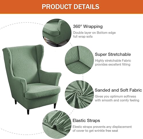 Miniatura 2 de Funda de silla con respaldo de alas de 2 piezas, funda de sofá con jacquard de hojas, protector de muebles para sofá suave con parte inferior
