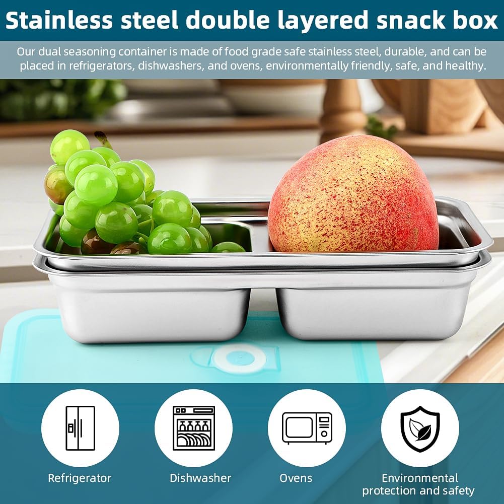 2pcs Grab and Go Snack Container Stainless Steel With Spoon & Fork, Reusable Snack Condiment Containers with Lids, 2 Compartment Lunch Meal Container for Travel Outdoor Camping - Image 4