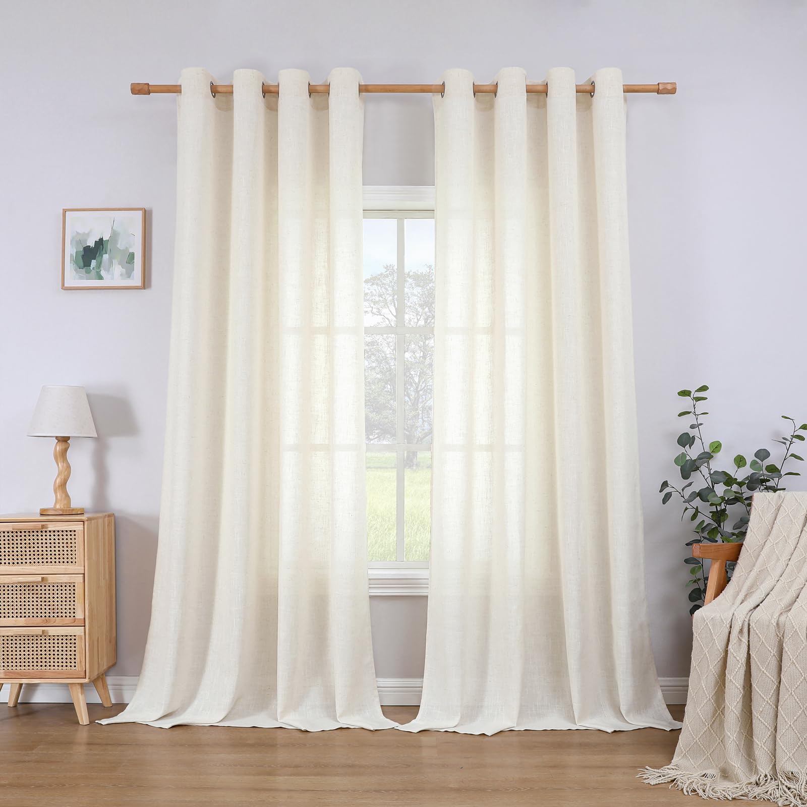 CUCRAF Cortinas de lino con ojales, juego de 2 unidades, 245 x 140 cm, color beige claro, semitransparente, con trabillas, aspecto de lino, para salón, dormitorio