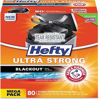 Hefty Ultra Strong Blackout Tall-Kitchen Drawstring Bags, 13 Gal, 0.9 Mil, 23.75-Inch X 24.88-Inch, Black, 240/Carton (E88352ct)