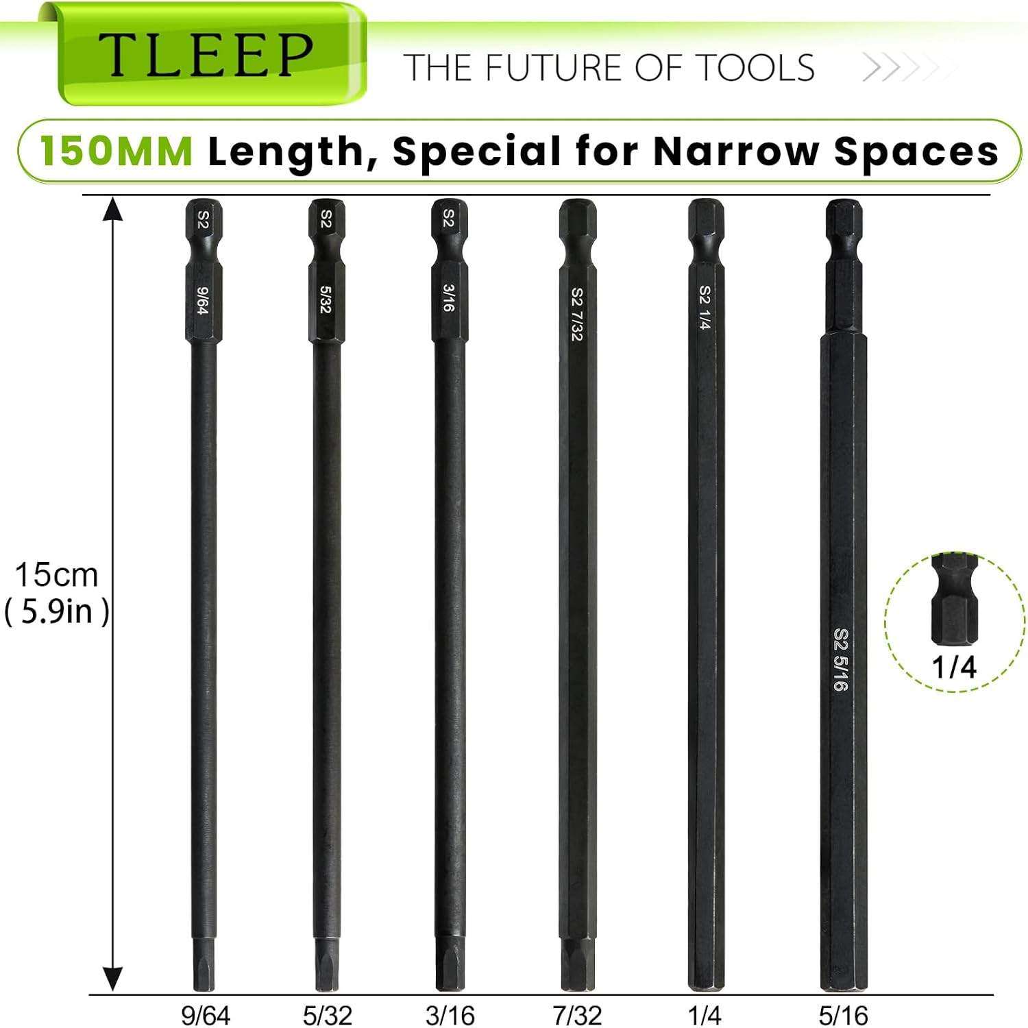 6" Long 1/4 Inch Hex Head Allen Wrench Drill Bits, SAE 9/64", 5/32", 3/16", 7/32", 1/4", 5/16", Magnetic Tips Screwdriver Socket Bit Set for Ikea Type Furniture, Long Drill Bit Set