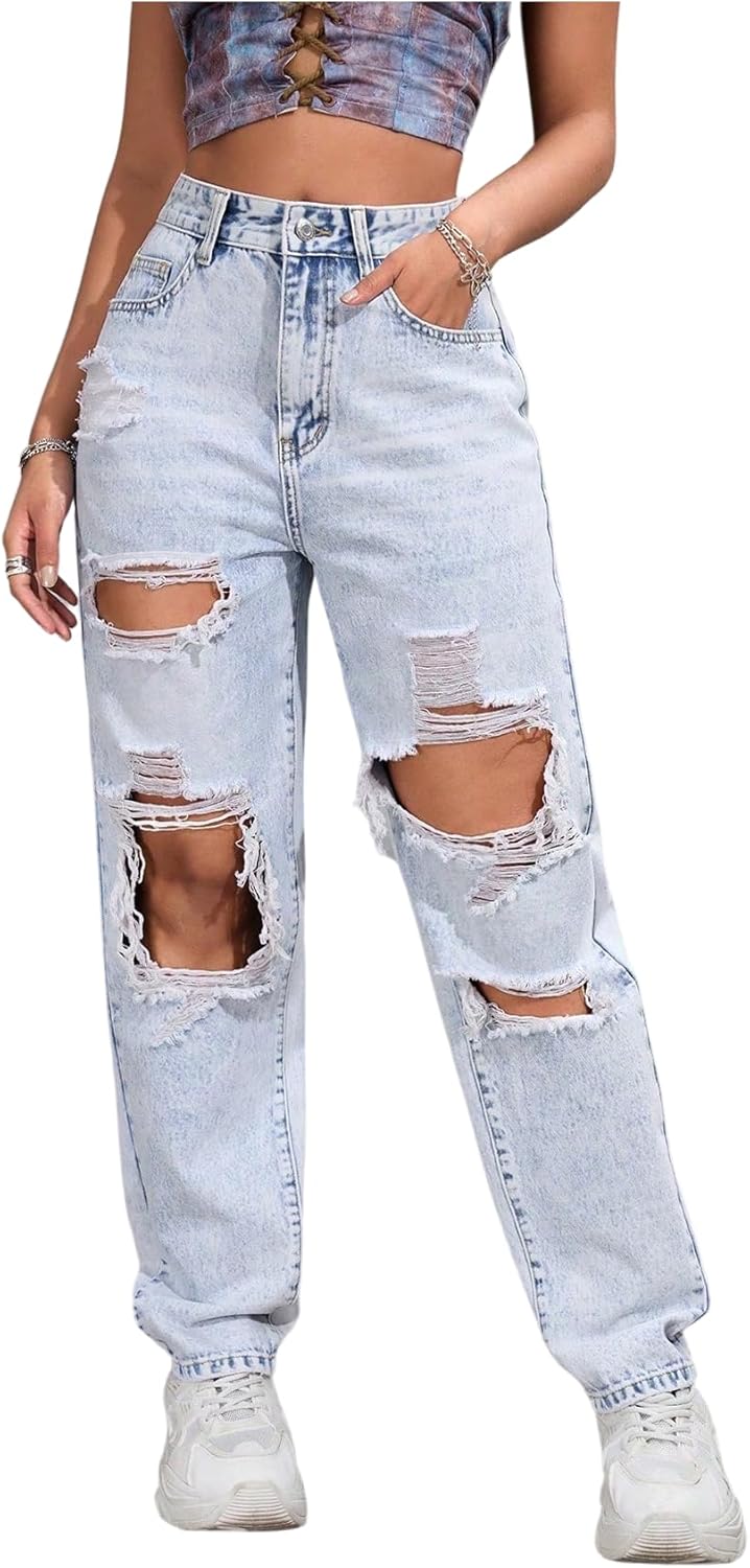Floerns Women's High Waisted Distressed Jeans Straight Leg Casual Ripped Denim Pants