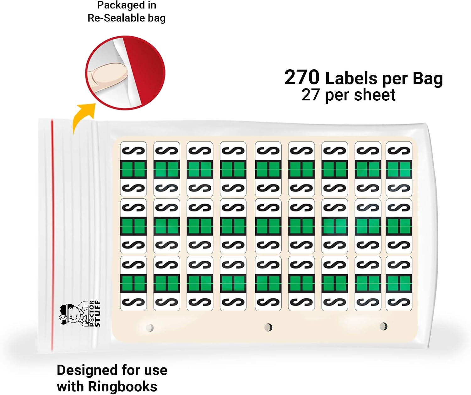 Doctor Stuff - File Folder Labels, Reynolds & Reynolds ColorFile Compatible Alphabet Labels, 3-Ring Binder Sheets - Letter S, Light Green, 3/4" x 1-1/2", Package of 270 Labels