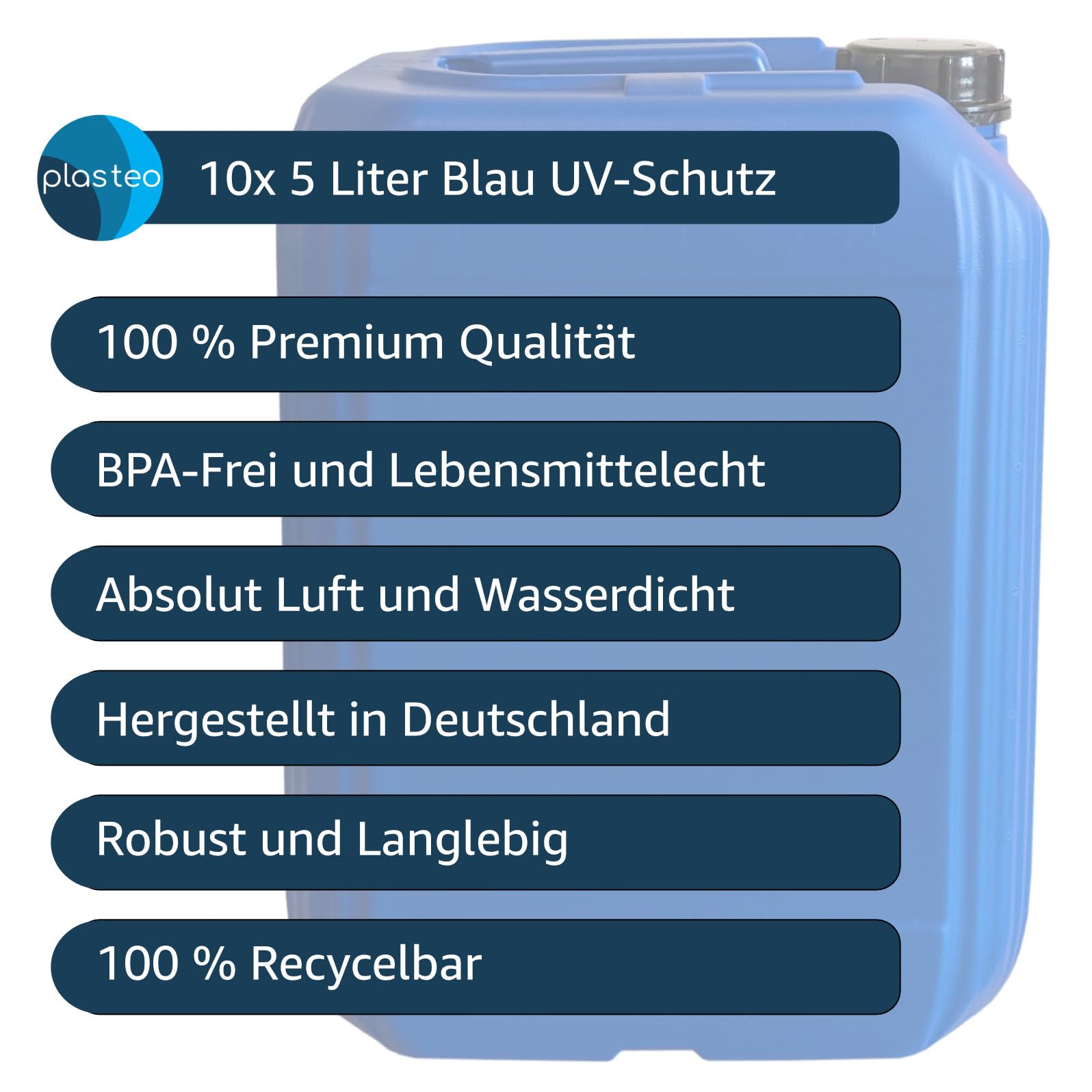 plasteo® 10 taniche da 5 litri, con chiusura di sicurezza (DIN 51), adatte per alimenti, impilabili e stabili, qualità pesante, resistenti e durevoli, per interni ed esterni, senza BPA, blu
