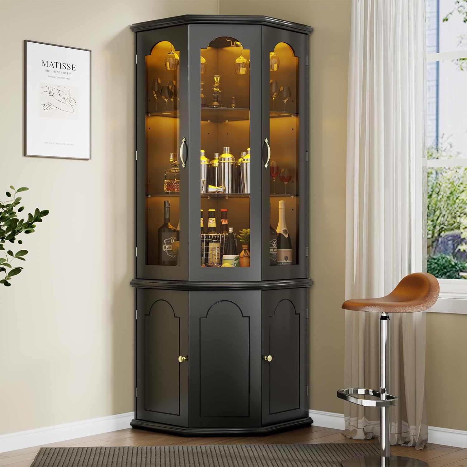 Corner Bar Cabinet w/LED Lights, Tall Modern Wine Cabinet with Tempered Glass Door & Adjustable Shelves, Home Bar Liquor Storage Cabinet with Glass Rack for Living Room, Dining Room (Black)