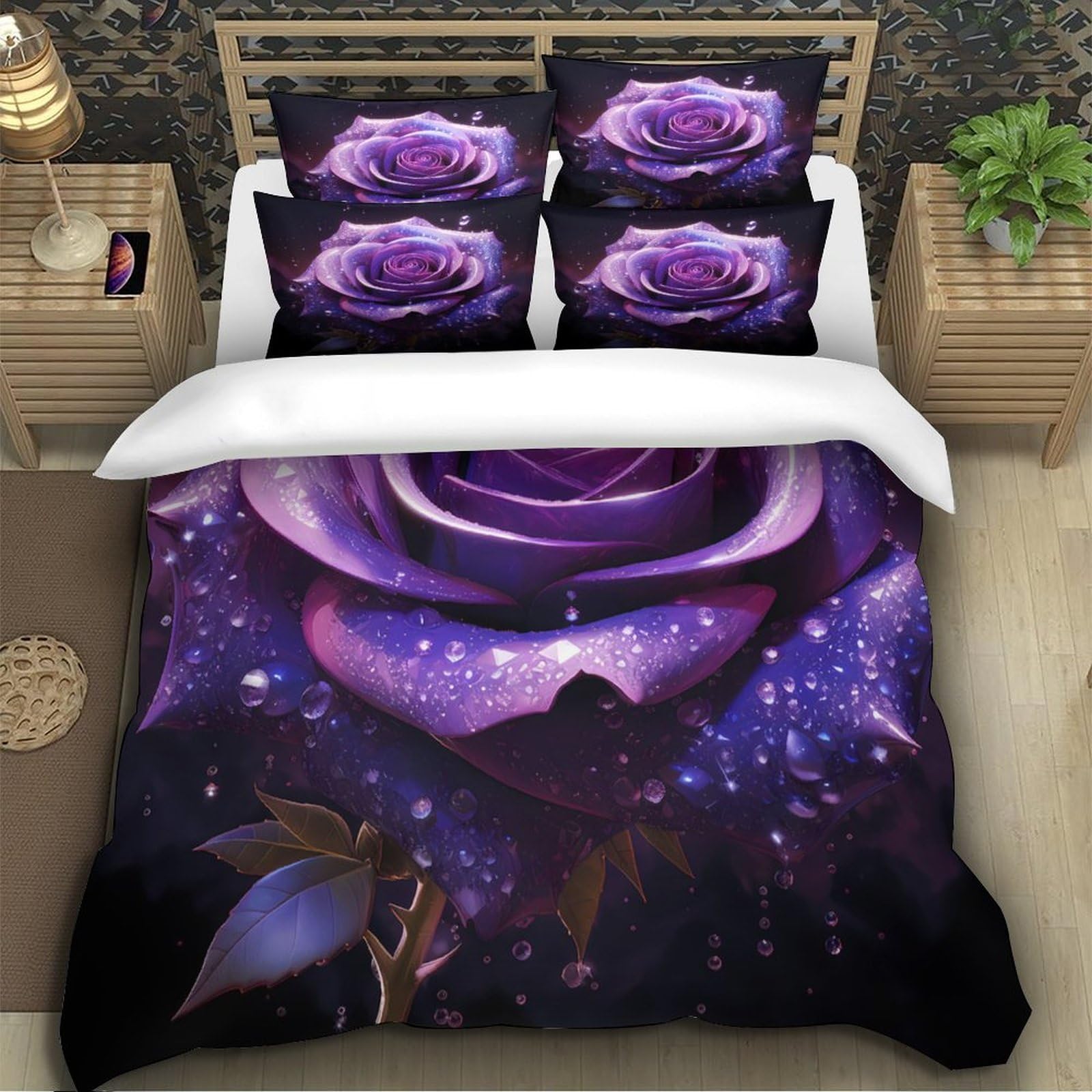Purple Rosa Set Di Copripiumino 3 Pezzi microfibra traspirante stampa di 3D con federa Fantasia Digital Set Di Copripiumino cerniera soffice ariosa for coppie King（220x240cm）