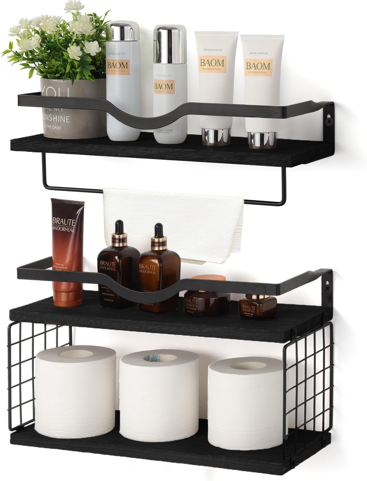 Floating Bathroom Shelves Organizer with Metal Guardrail,Black Floating Shelves for Wall with Storage Basket and Towel Bar,Wood Wall Shelves for Bedroom(Black)