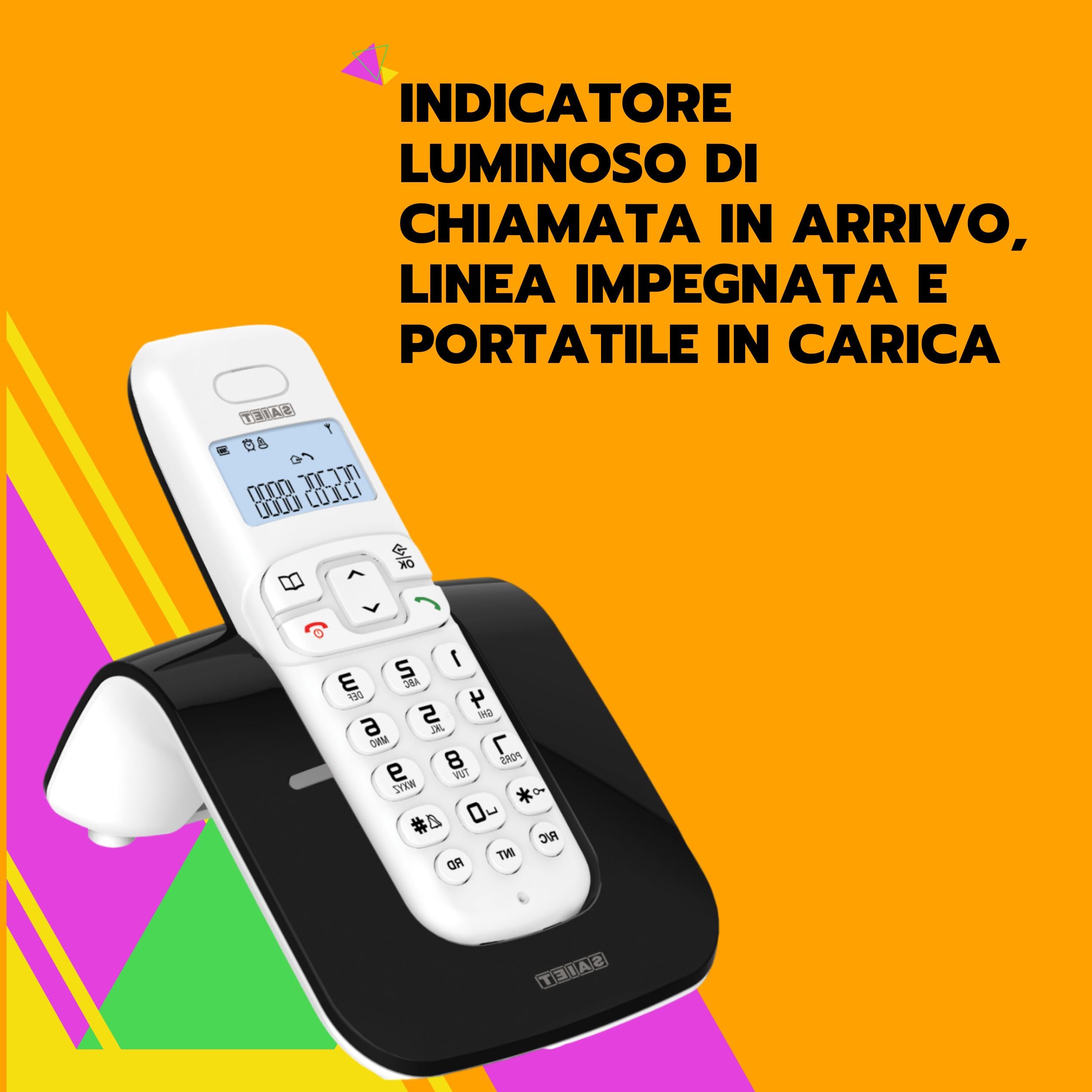 SAIET - Telefono Cordless Casa e Ufficio 13500783 - con Vivavoce DECT GAP LCD - con Tasti Grandi e Schermo Intuitivo - Nero