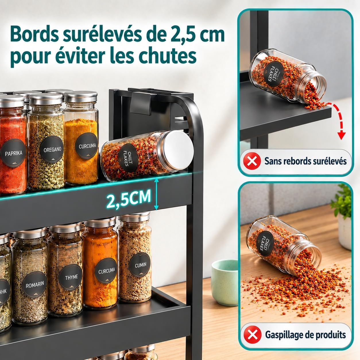 Lubardy Étagère à Épices 3 Niveaux Organisateur Cuisine avec Porte-Couteaux