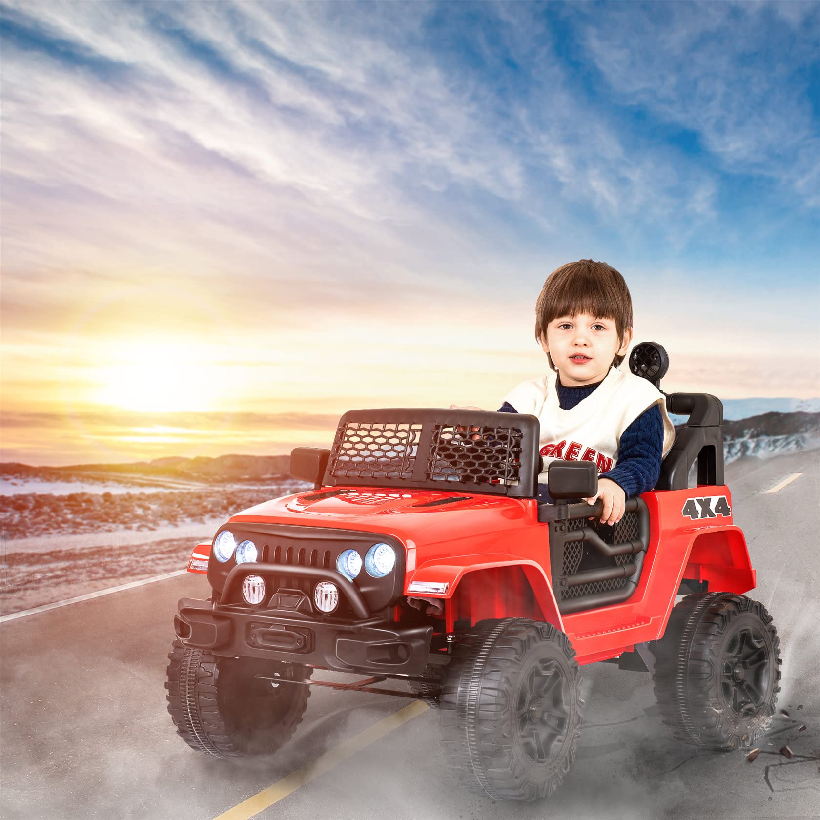 Auto Elettrica per Bambini, Camion A 2 Posti, con Telecomando 2.4g, Auto Elettrica A 2 velocità con Avviamento Graduale con Clacson, Luce Anteriore. 3-5 Km/H, per Bambini da 37 A 95 Mesi,Red