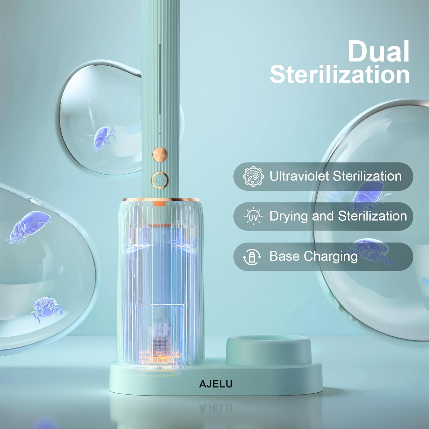 AJELU Rechargeable Sonic Toothbrush with Drying Holder, 8 Brush Heads, Smart Timer, Waterproof Design – Mint Green Edition