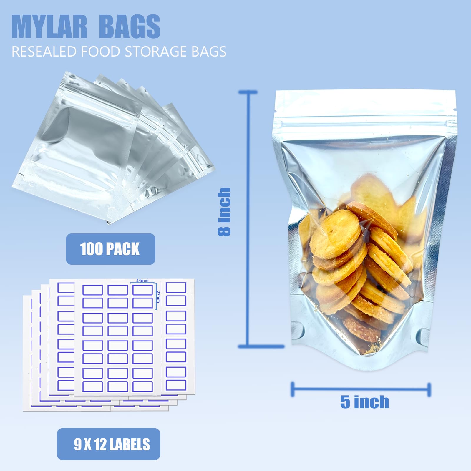 100 bolsas de Mylar resellables de 5 x 8 pulgadas para almacenamiento de alimentos, bolsas frontales transparentes de pie con etiquetas, bolsas de recuerdo de fiesta para embalaje de pequeñas empresas 3