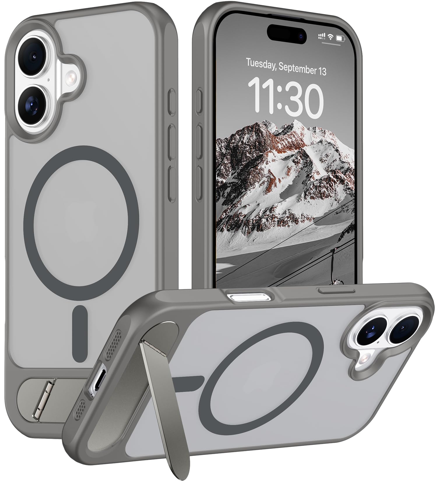 Temdan Designed for iPhone 17 Case, [Built-in Invisible Kickstand][Compatible with MagSafe][Military Grade Shockproof] Slim Translucent Matte Phone Case 6.3 inch (Gray)