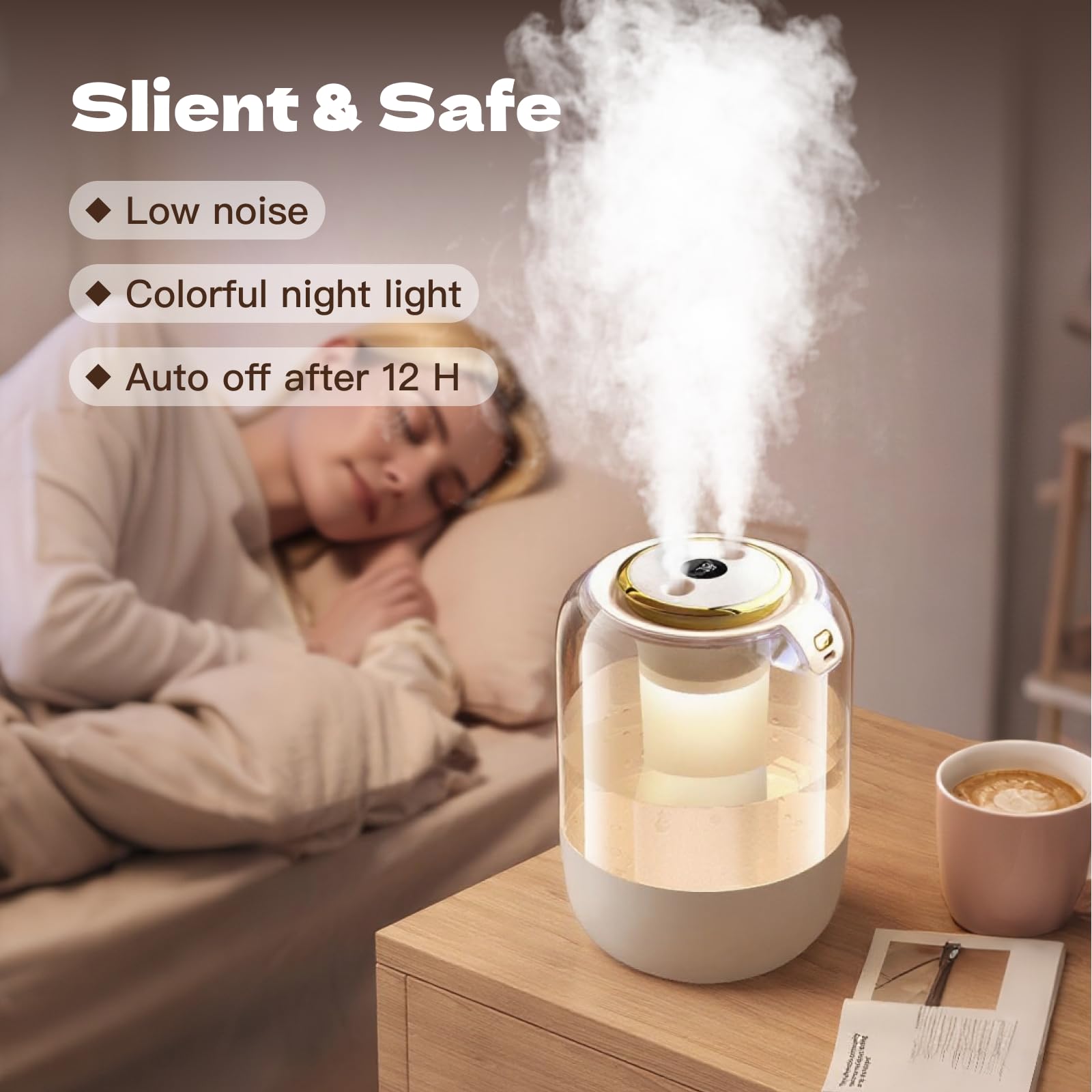 Humidificador de aire para dormitorio, humidificador silencioso de niebla fría de 2 litros para plantas, dormitorio, oficina, hogar, coche, humidificador personal con 3 modos de niebla y luz