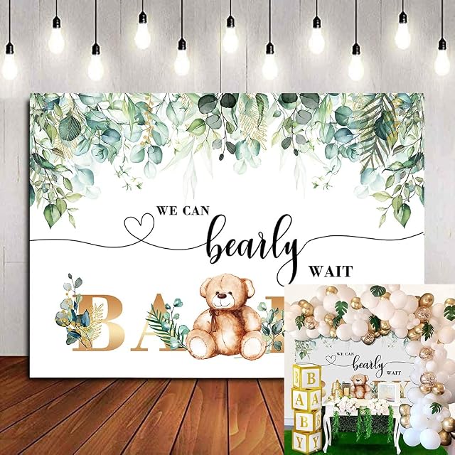 WANGRJ We Can Bearly Wait Bear Backdrop Green Watercolor Leaves Golden Baby Teddy Bear Lovely Photography Background Baby Shower birthday party Cake Table Decoration Photo Booth 7x5FT
