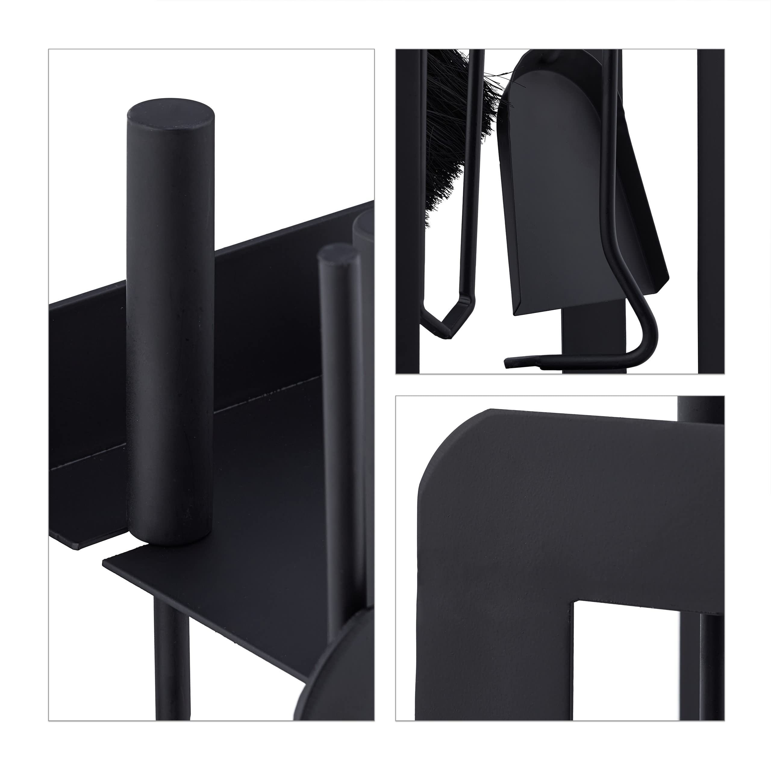 Relaxdays Accesorios Chimenea, Set de 5 Piezas, Atizador, Pala, Escoba, Pinzas y Soporte, Útiles Estufa, Acero, Negro