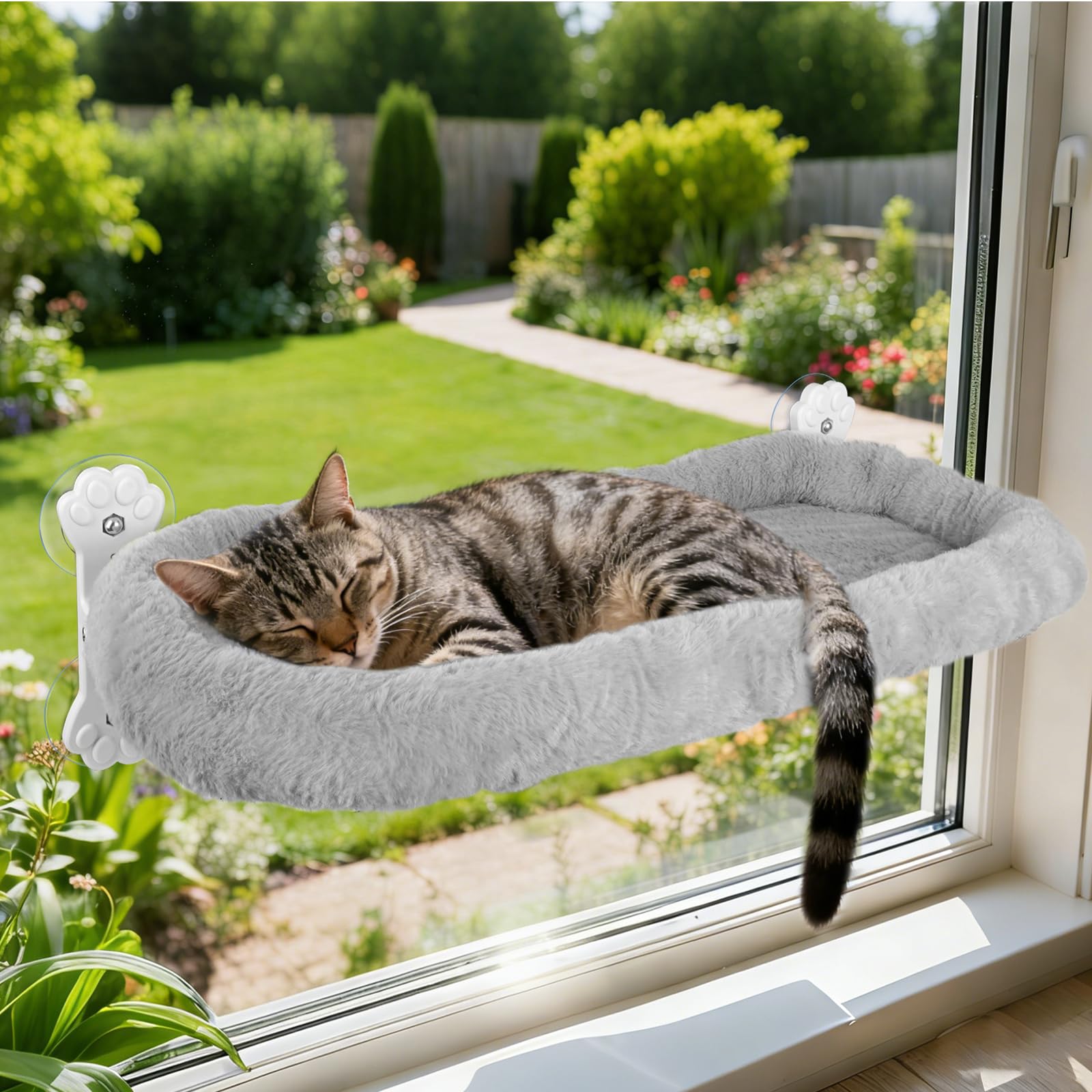 Hamac Chat Fenetre, Hamac pour Chat 60 x 30 cm, Ventouses Puissantes, Peu Encombrante, Charge Maximale 18 kg (Gris)