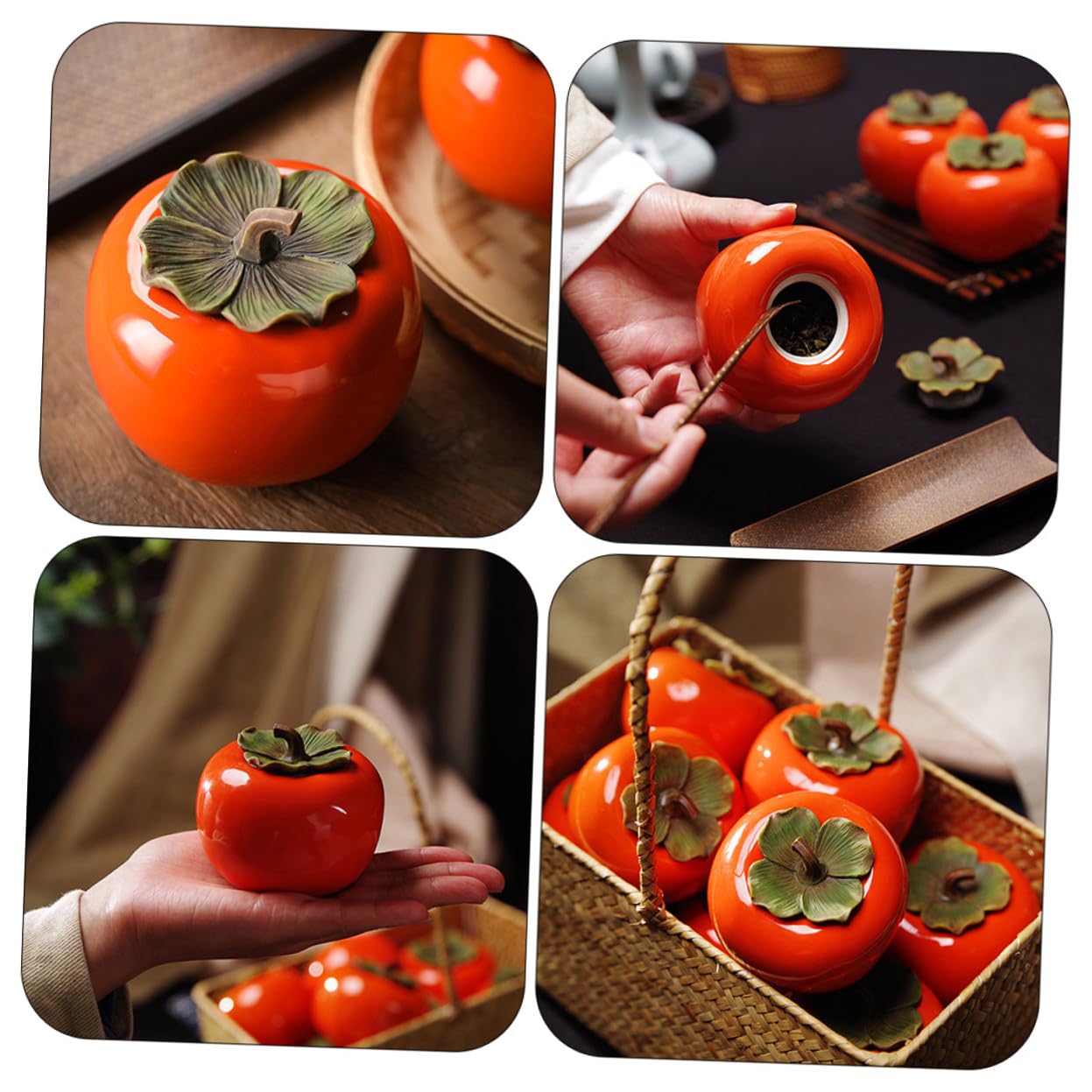 Gatuida Barattolo in Ceramica Buona Durezza e Resistenza da 330ml a Forma di Cachi come Decorazione e Souvenir Contenitore Ermetico per Tè e Caffè