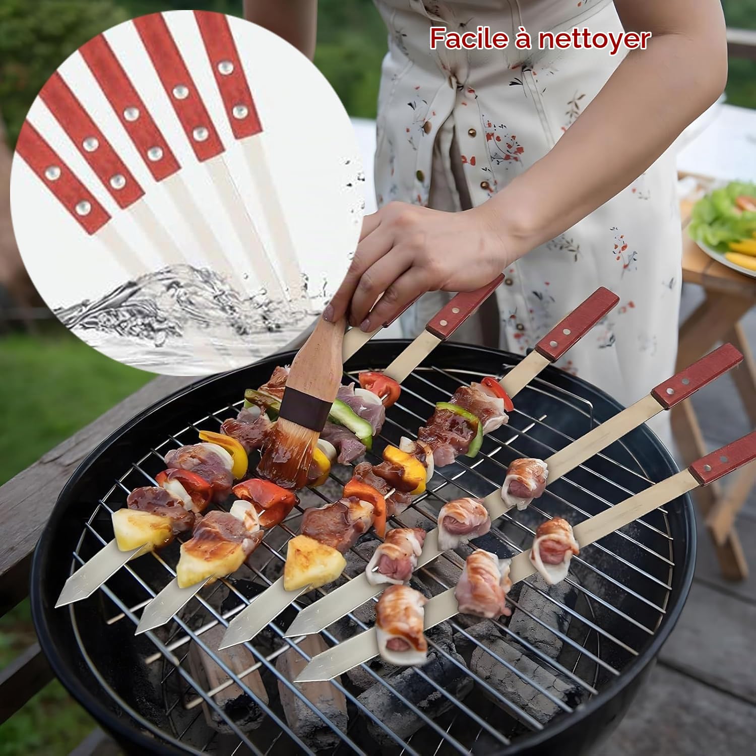 Adana Lot de 8 brochettes réutilisables 40 cm avec manche en bois, brochettes plates en acier inoxydable pour viande et légumes