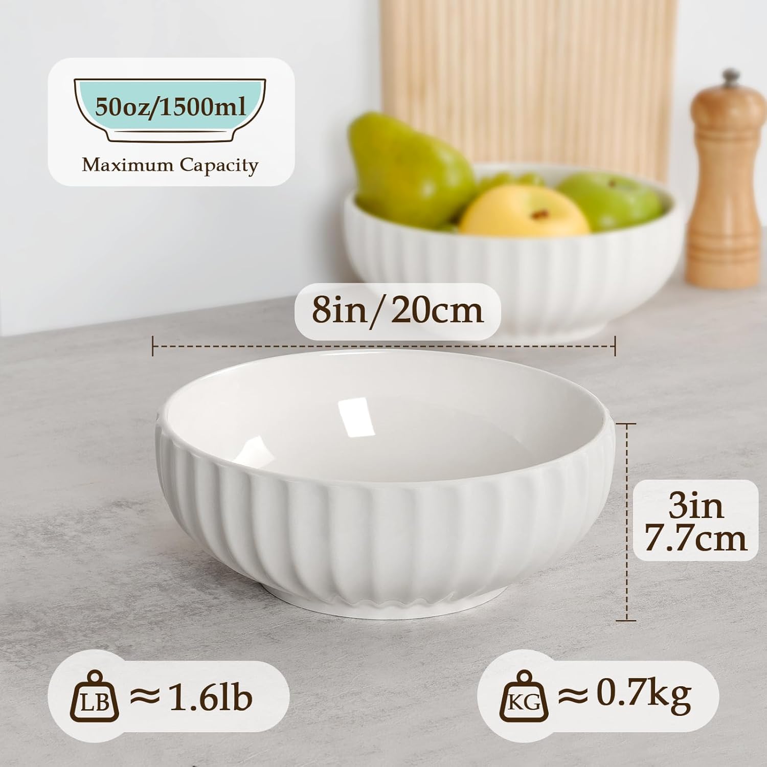 NUTRIUPS 8 in Salad Bowl, 50oz Serving Bowls for Entertaining, 2 Pack Ceramic Bowls Set for Cooking Baking, Microwavable - Image 2