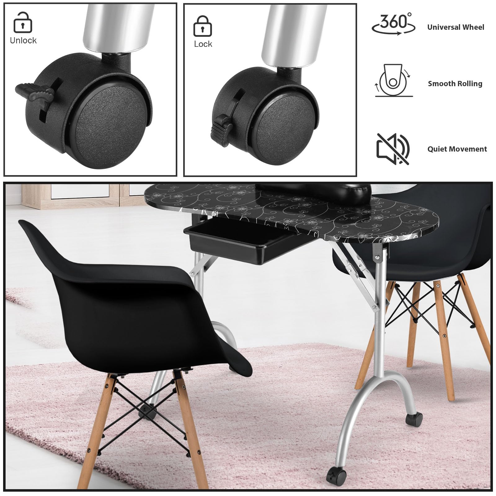 HOMASIS Klappbarer und abnehmbarer Maniküre-Tisch mit Handgelenkstütze und Schublade, Kosmetik-Schreibtisch mit Aufbewahrungstasche für Schönheitssalons, Zuhause, 90 x 37 x 69 cm, Schwarz