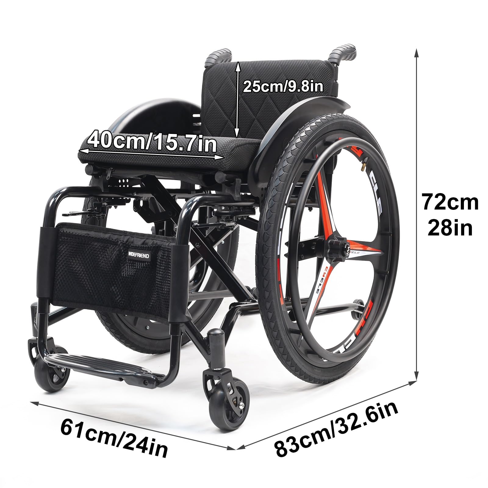 Sedia a rotelle pieghevole leggera, materiale in lega di alluminio, 29 libbre, con ruote antiribaltamento e sgancio rapido da 24 pollici, capacità di 220 libbre(Black b,40cm/15.7in)