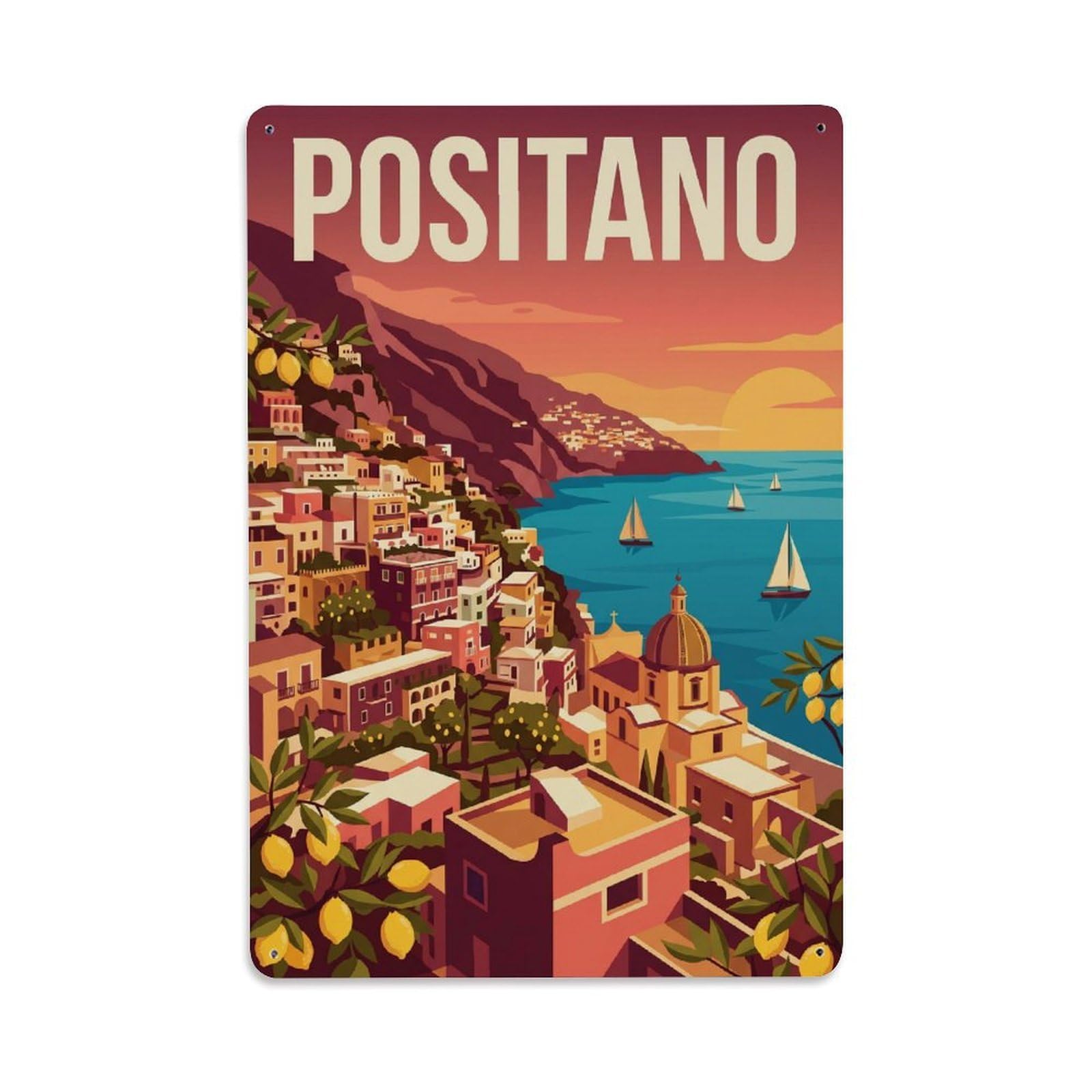 Vintage Travel Positano Italy Maroon Metal Tin Sign Plaque Wall Decor for Cafe, Club Bar, Office, Garden Metal Poster 8x12Inch