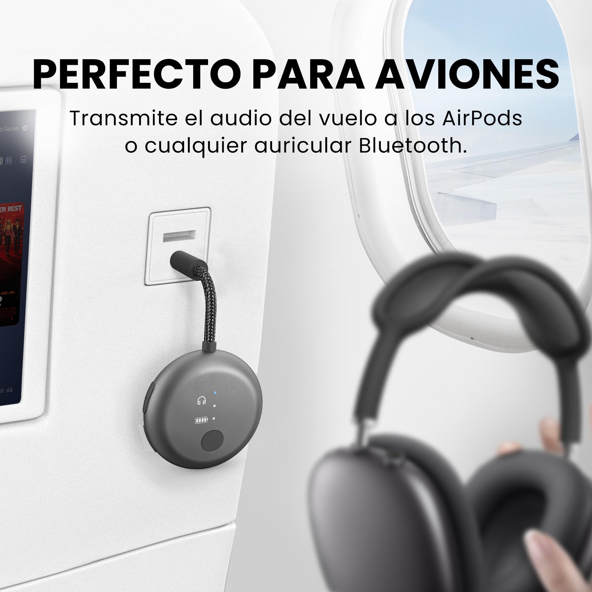 Avantree SoundJet R1 – Adaptador Bluetooth Avión para Auriculares & AirPods, aptX Adaptive, Qualcomm Chipset, 20h de reproducción, Transmisor de Audio Inalámbrico para Viajes - Negro Metálico