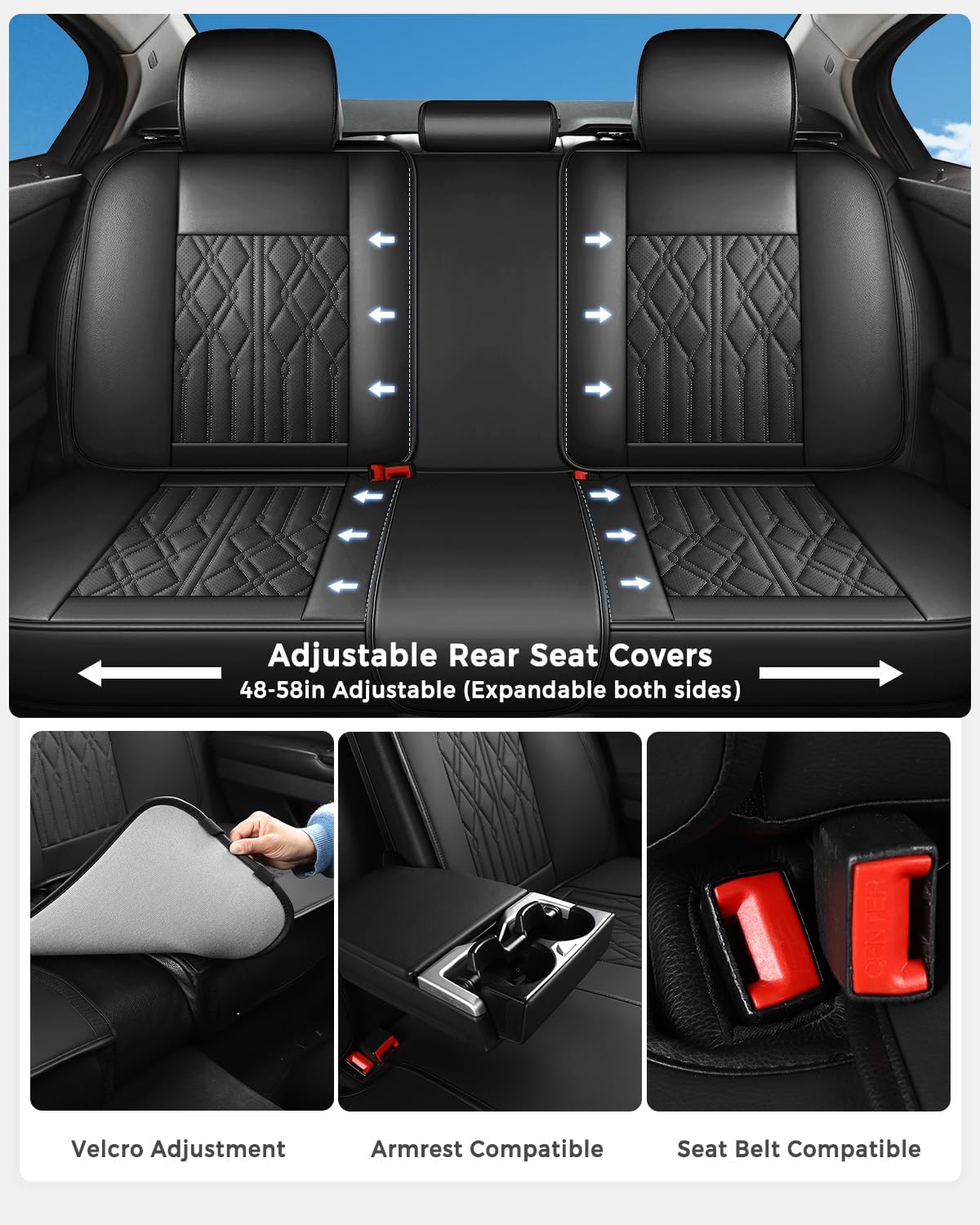 Huidasource Leather Back Row Seat Covers, Waterproof Rear Split Bench Car Seat Covers, Vehicle Seat Cushion Cover Protector Universal Fit for Most Cars Sedan SUV Pickup Truck(Back Row/Black)