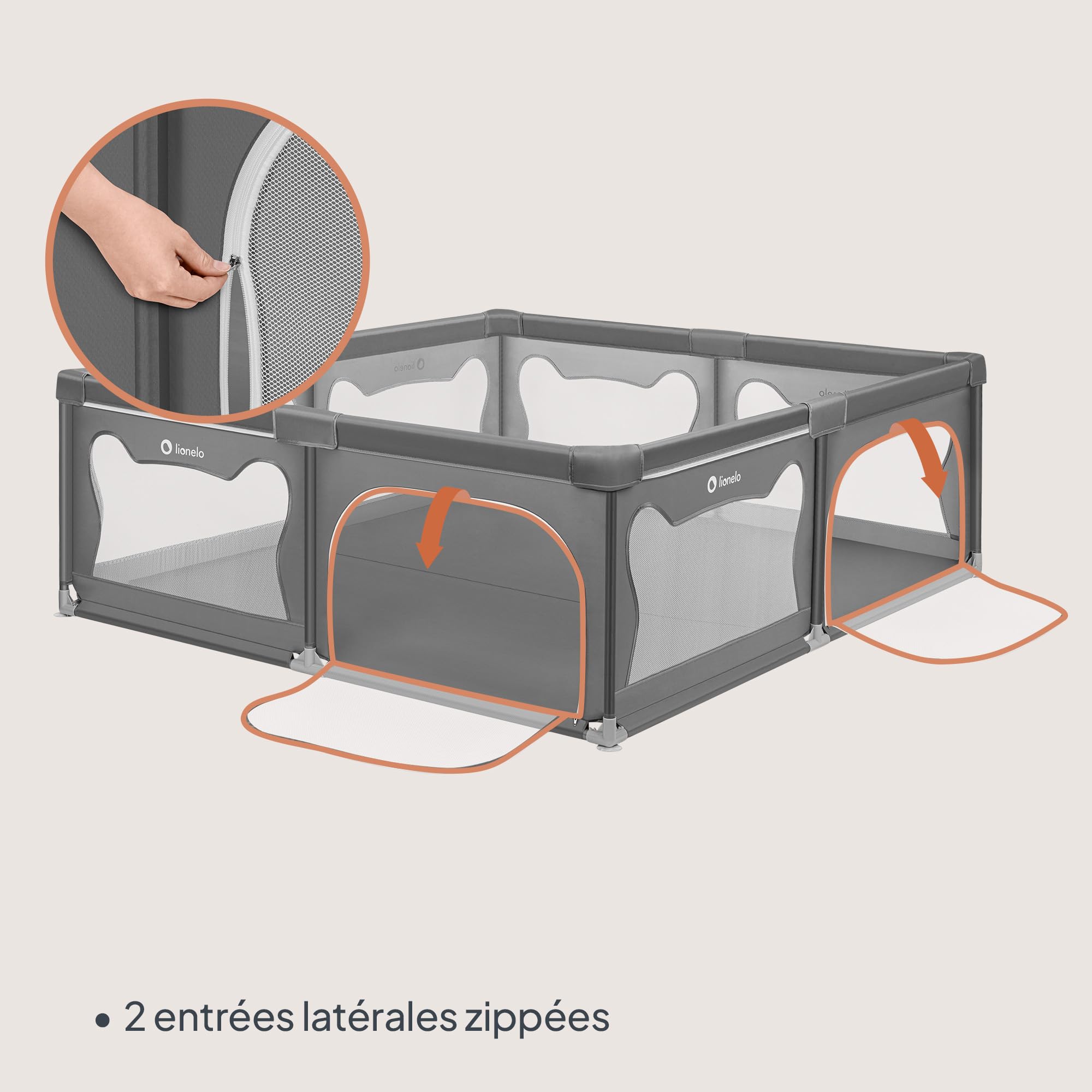 LIONELO WILLOW XL Parc Bébé Pliable, 0-48 mois, Grand Espace de 187 cm x 207 cm x 68 cm, Barrière Parc Bébé en Maille Respirante, 2 Entrées Latérales Zippées (Gris) (Grey)