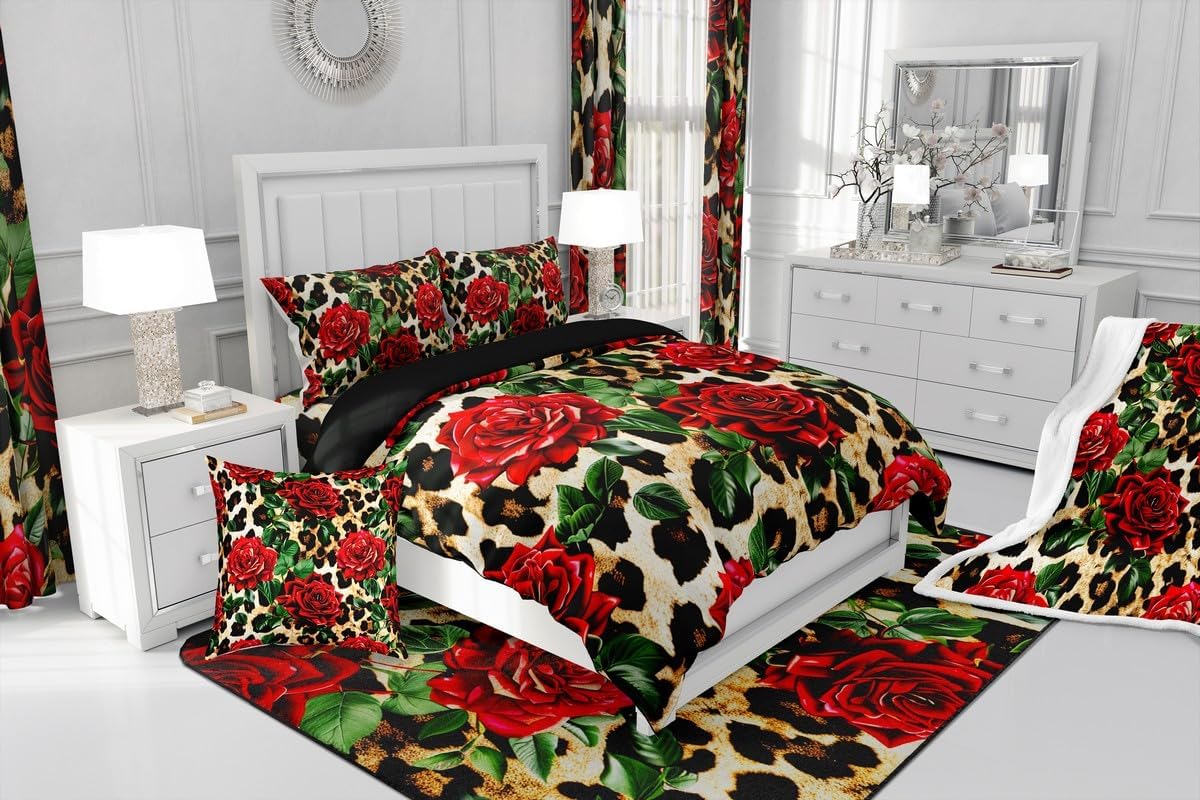Leopard Print Throw Pillow Covers 24"x24" Set of 2 Soft Cheetah Rose Flower Pillow Cases Cushion Covers For Living Room Bedroom Safari Floral Blossom Red Decorative Throw Pillowcases for Sofa Couch