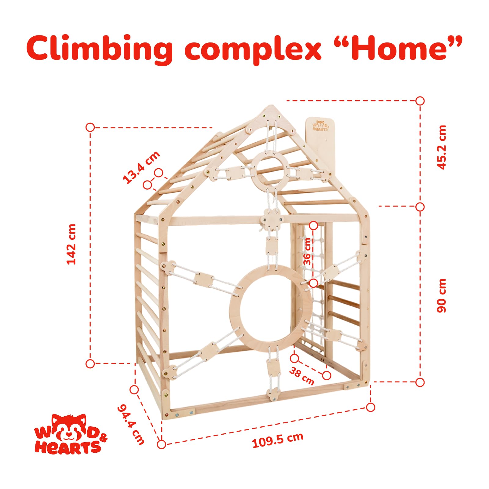 WoodandHearts Indoor Spielturm mit Rutsche & Schaukel – Kinderrutsche, Turnringe & Kletterseil – Baby Schaukel Indoor – Kletterwand Kinderzimmer & Spielhaus für Zuhause