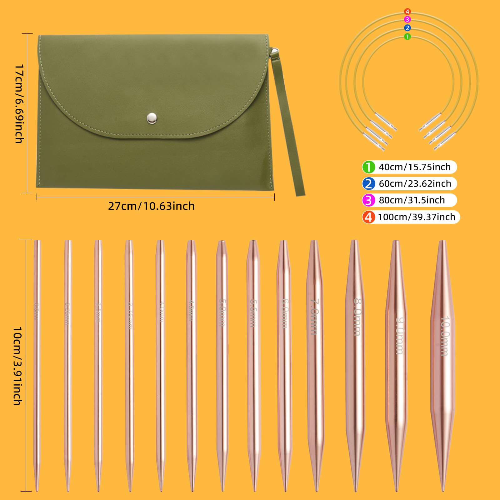 Iswawo Lot de 13 paires d'aiguilles à tricoter circulaires interchangeables de 3,0 à 10,0 mm - Avec 4 sacs à cordes, pour projets de tricot, débutants et professionnels, en aluminium (or rose)