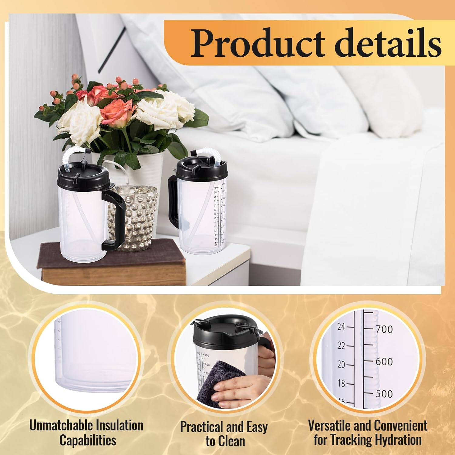 4 Pcs 32 oz Hospital Water Cup with Straw and Lid Insulated Double Walled Water Cup with Handle and Straw Elderly Bottle Plastic Drinking Carafe Insulated Mug (Black)
