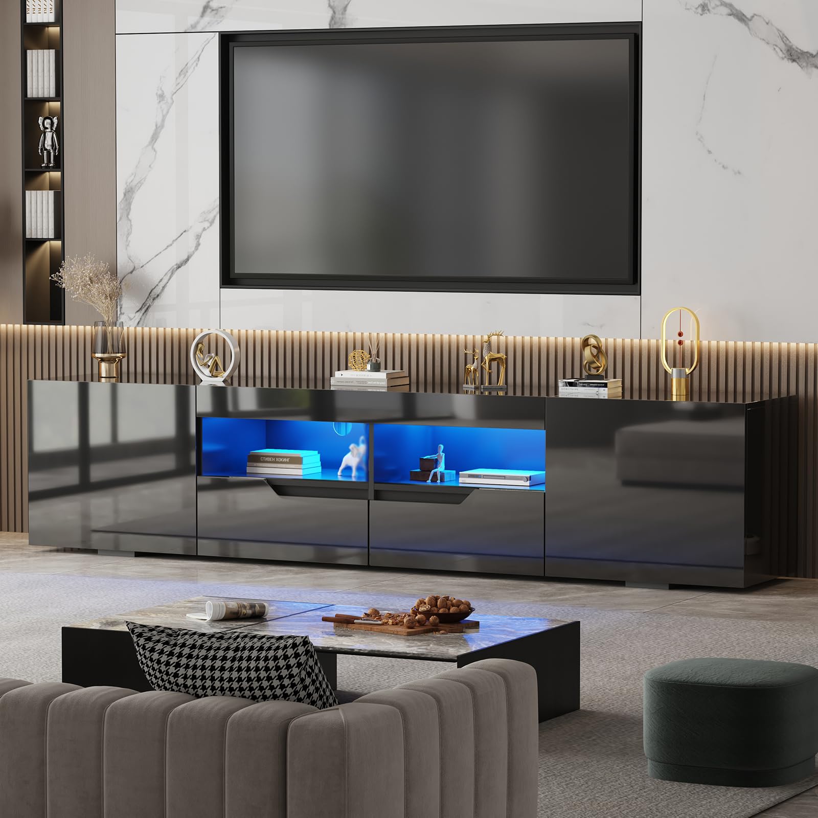 BSTSEL 200CM White/Black High Gloss TV Stand Cabinet Entertainment Unit with LED Lights Free Standing TV Cabinet with Storage for Living Room up to 75" TV (Black High Gloss)