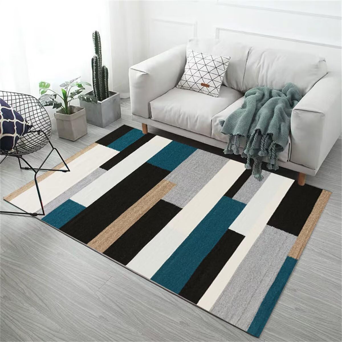 Tapis chaise sol 150x200cm bleu gris grand format rayures modernes