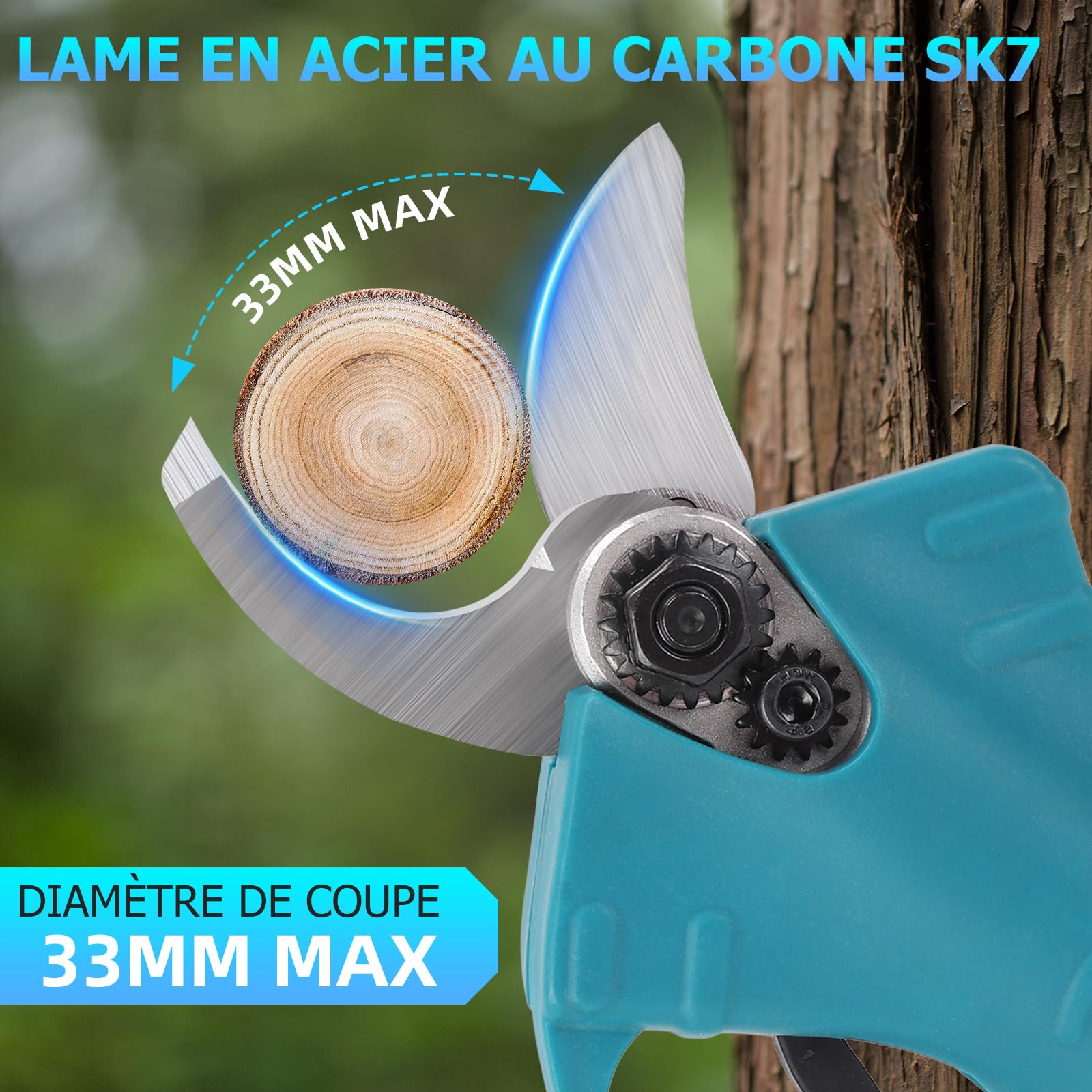Sécateur Électrique Sans Fil Professionnel 33mm 2x2000mAh 21V Batteries, Lames SK7 Remplaçables pour Jardinage, Verger, Ferme
