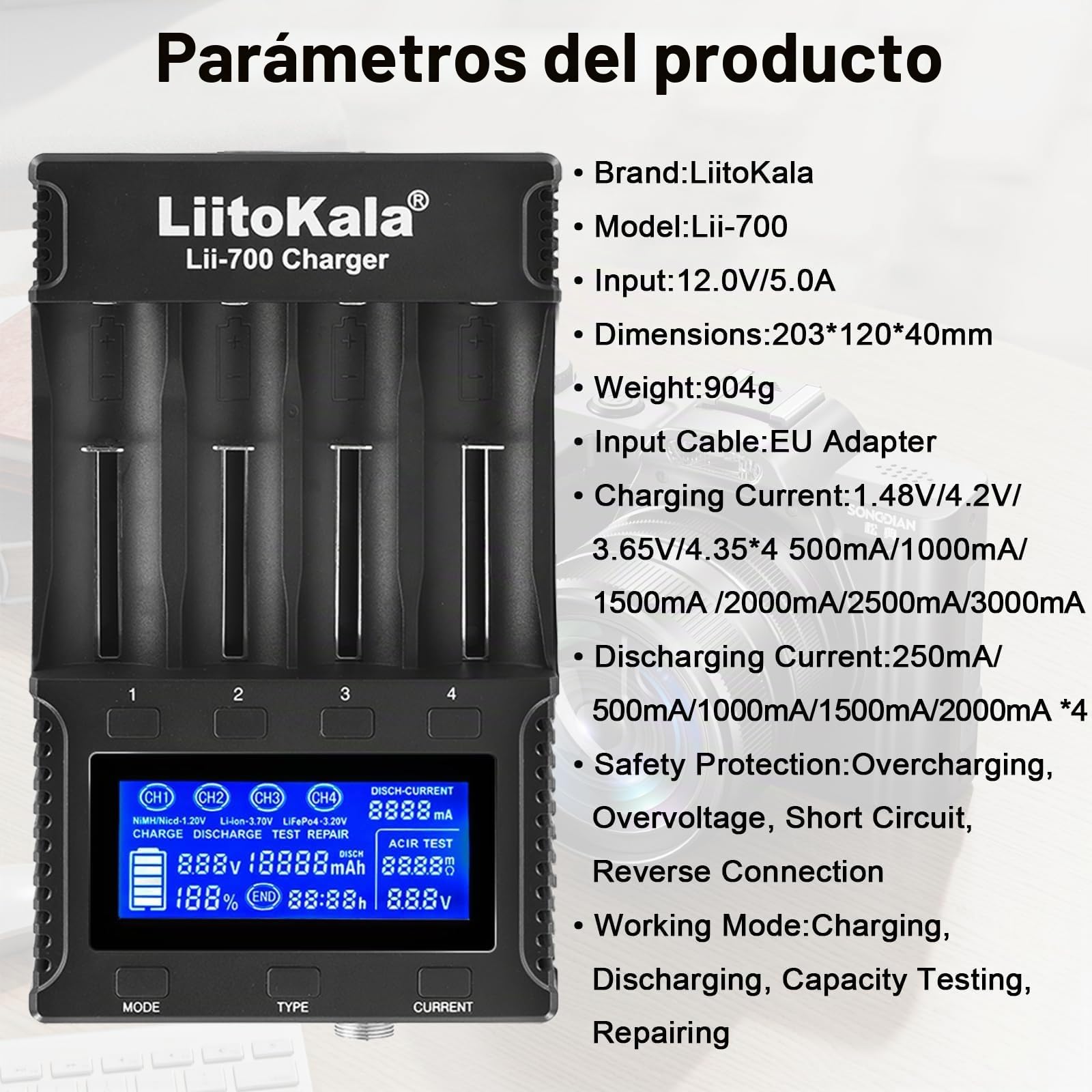 Cargador Inteligente Liitokala Lii-700 para batería de Ion de Litio, Prueba de Resistencia Interna, detección de Capacidad y Modo de reparación con Adaptador de 12 V 5 A 32700/26700/26650 AA y AAA