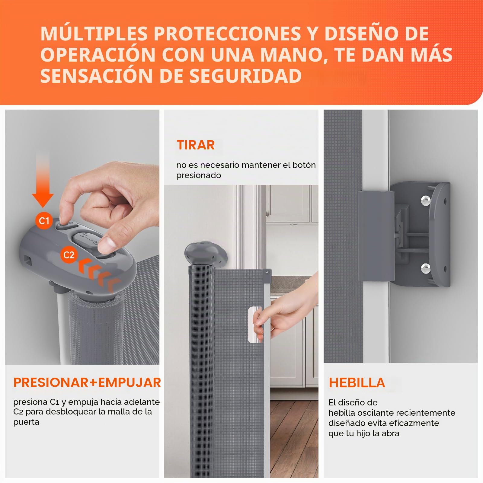0-300cm Barrera de Seguridad Bebés Extensible, Apertura con Una Sola Mano | 87cm Altura Retractable Barrera de Seguridad para Escaleras, Puerta de Seguridad para Perros para Interiores, Exteriores Gris