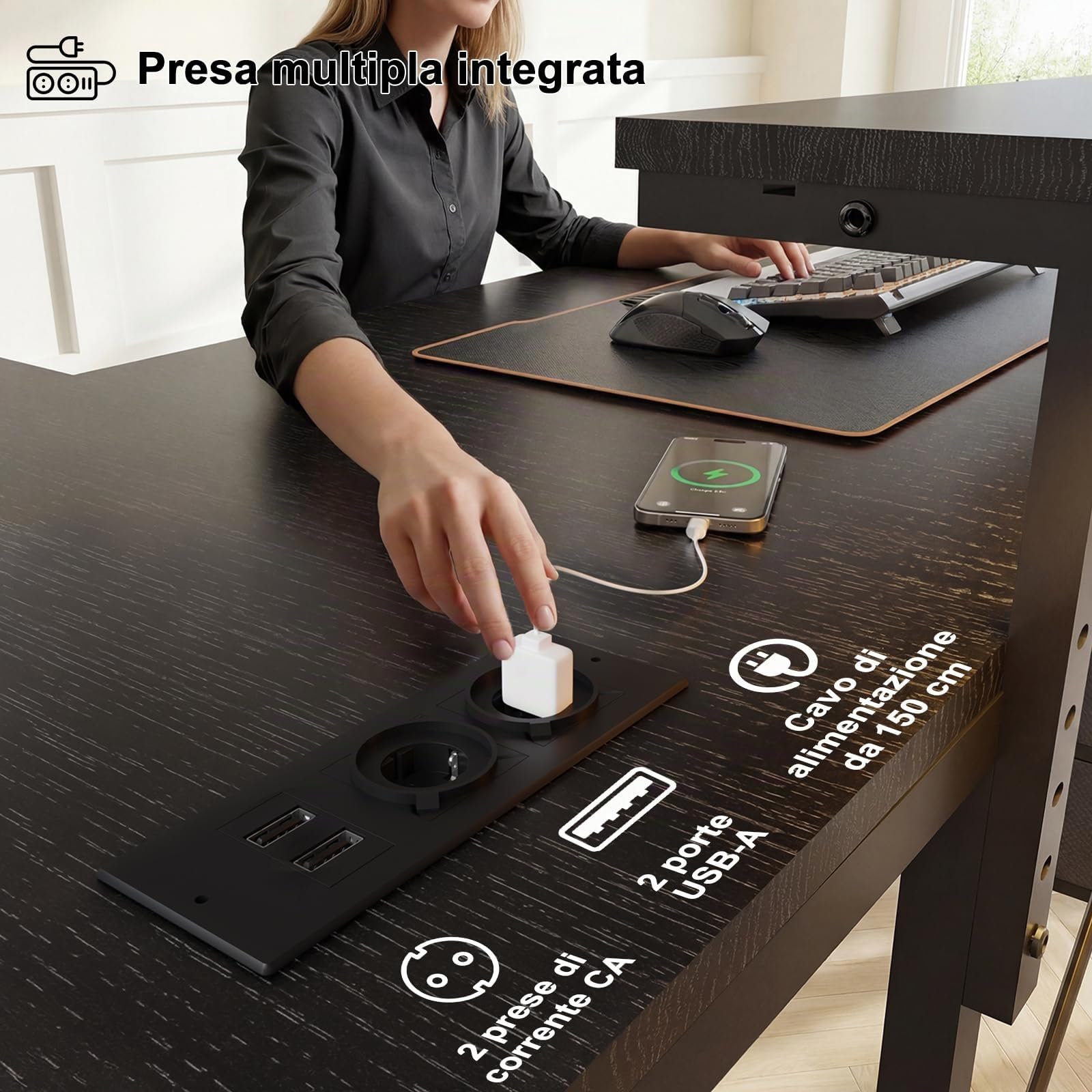 JUMMICO Scrivania angolare con mobile, scrivania reversibile a forma di L, con presa di corrente e porte USB, luci LED e ganci, scrivania da gioco ideale per casa e ufficio, 139 x 120 cm, nero