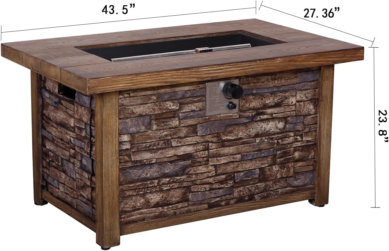 Diagram showing the dimensions of the Afterglow fire pit table: 43.5 inches length, 27.36 inches width, and 23.8 inches height.