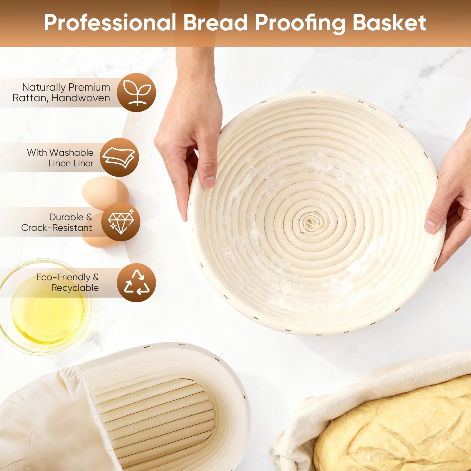 Banneton Pour Pain 21 Pièces - Kit Boulangerie Levain avec 2 Panières Fermentation Rond 23cm et Ovale 25cm, Pot Verre 900ml, Lame à Pain, Tapis Cuisson - Accessoires Cuisine pour Débutants