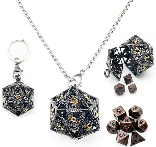 Haxtec Mini juego de dados DND de metal con collar hueco de oro negro D20, estuche de dados antiguo de cobre pequeño, juego de dados de metal de