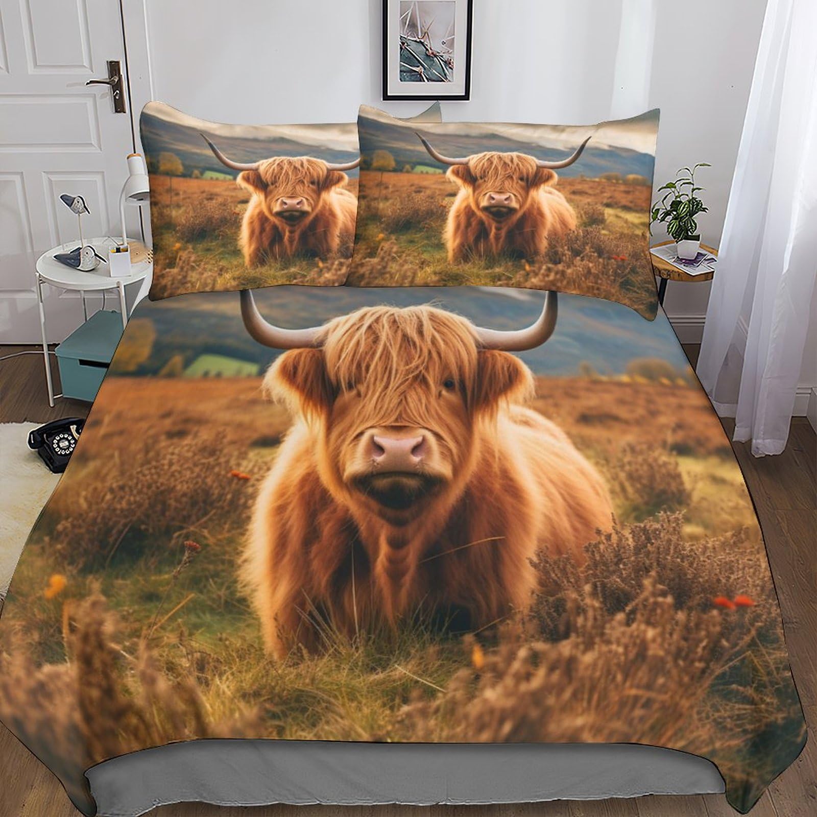 MEFESE Highland Cattle Bedding Comforter Cover Set 3 Piece Soft Brushed Microfiber Printed Duvet Set Reversible Highland Cow Quilt Cover with Pillowcase Easy Care Duvet Cover King（220x240cm）