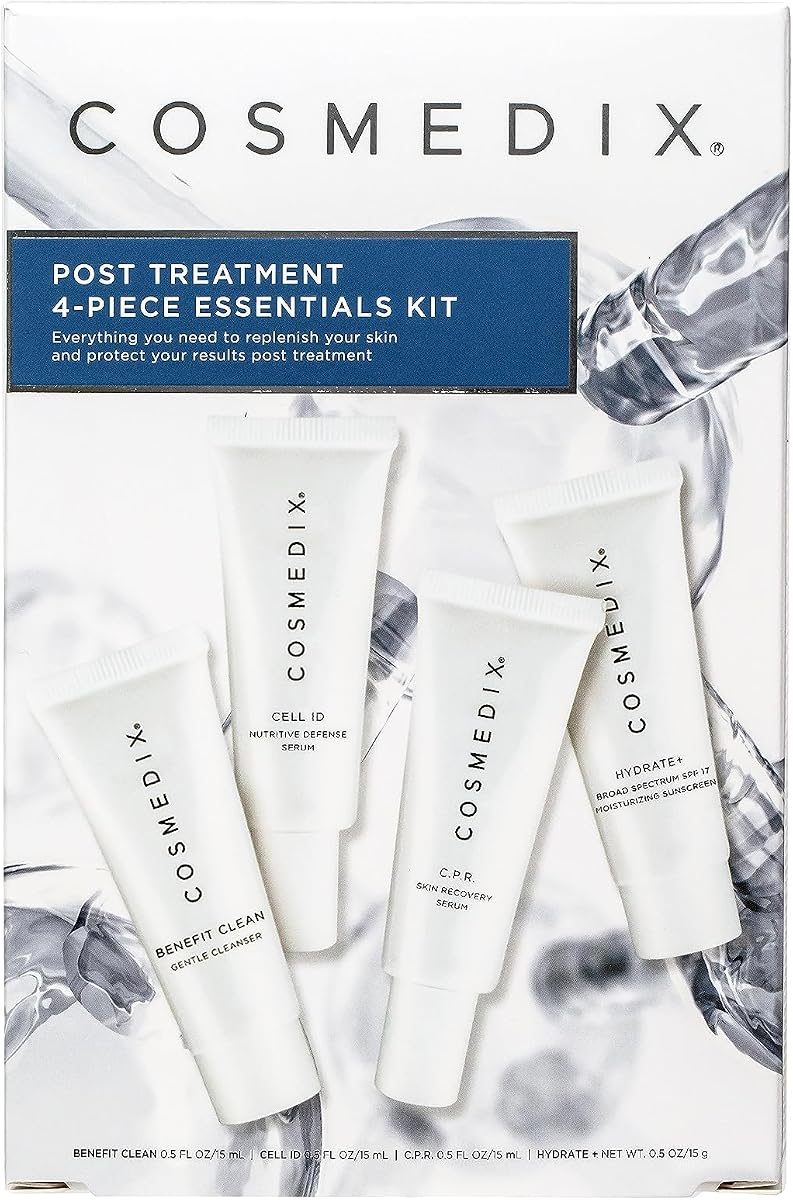 COSMEDIX Skin Care Starter Kit - Travel Size Exfoliating & Brightening Set | Included Face Cleanser, Skin Treatment Serum, Exfoliator & Facial Moisturizer - Hydrating Skincare for All Skin Types
