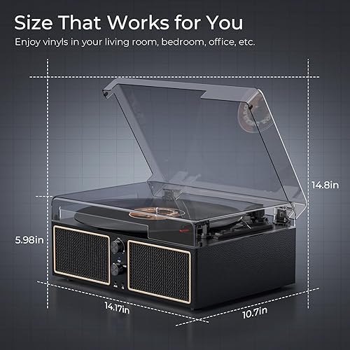 Miniatura 6 de Tocadiscos de vinilo Bluetooth con 4 altavoces estéreo, reproductor LP de 3 velocidades para discos de vinilo, salida AUX RCA, grabación de PC,