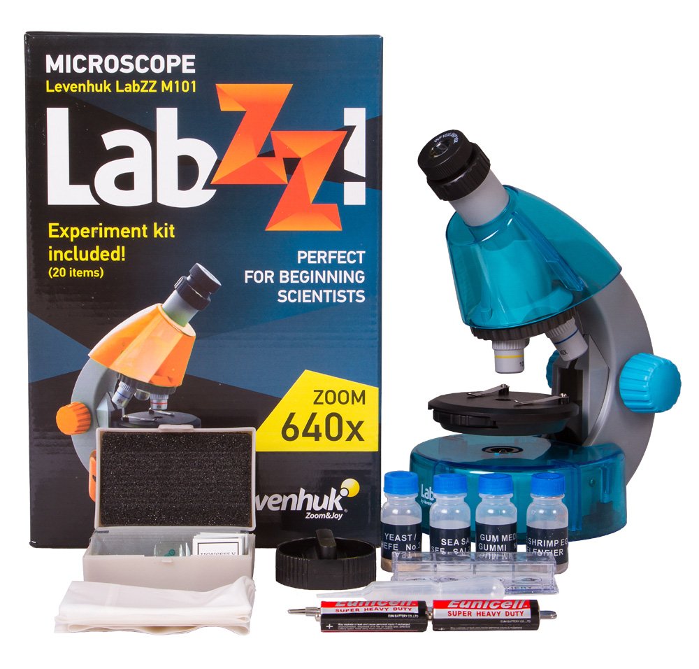 Levenhuk LabZZ M101 Azure Microscope for Kids with Experiment Kit - Choose Your Favorite Color!