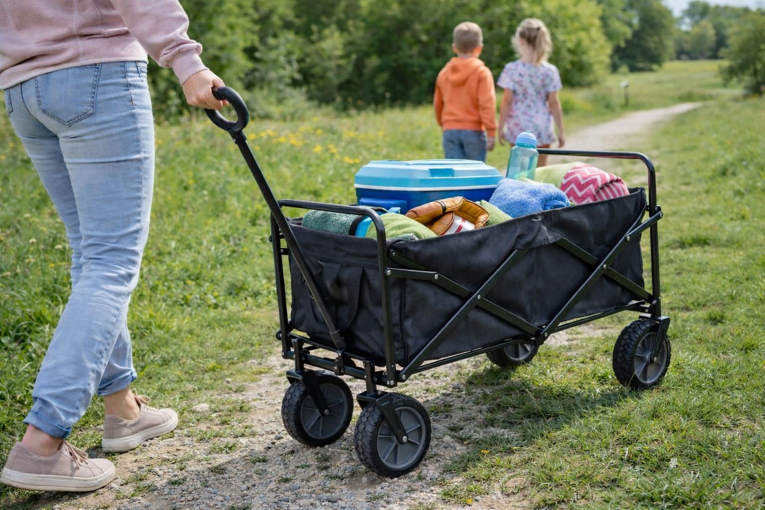 Carrello Pieghevole - Carrello da Trasporto con Ruote All Terrain - Manico Estensibile - Max 70 Kg - per Campeggio Spiaggia Giardino e Spesa
