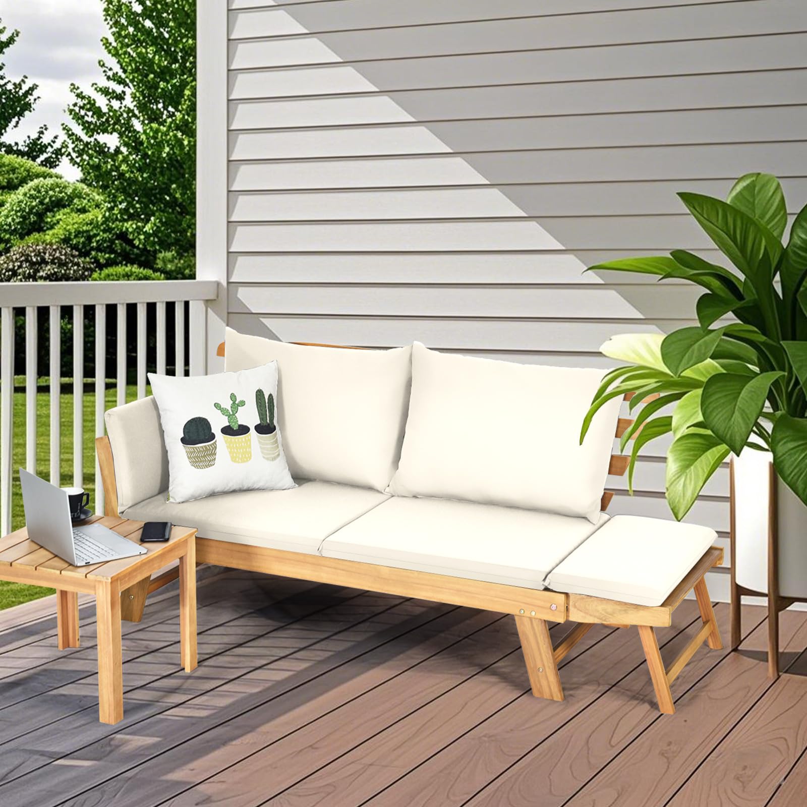 SOARS Canapé Convertible 3 en 1 en Bois d’Acacia avec Coussins Épais